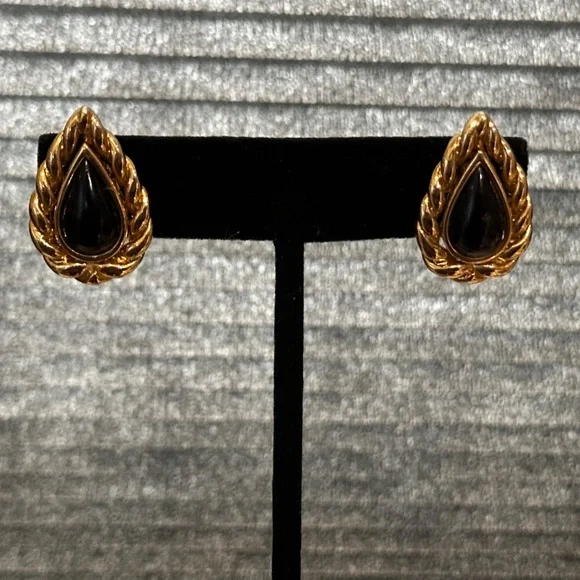 Christian Dior Earrings - Faux Onxy and Gold Tear Drop Shape Earrings - Vtg. 90s